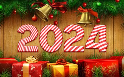 4k, 2024 Happy New Year, xmas bells, 3D digits, 2024 candy digits, gift boxes, 2024 year, artwork, 2024 concepts, 2024 3D digits, Happy New Year 2024, creative, 2024 wooden background