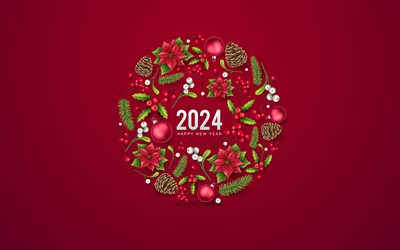 4k, felice anno nuovo 2024, sfondo viola 2024, 2024 biglietto di auguri, 2024 concetti, 2024 felice anno nuovo, corona di natale, 2024 art
