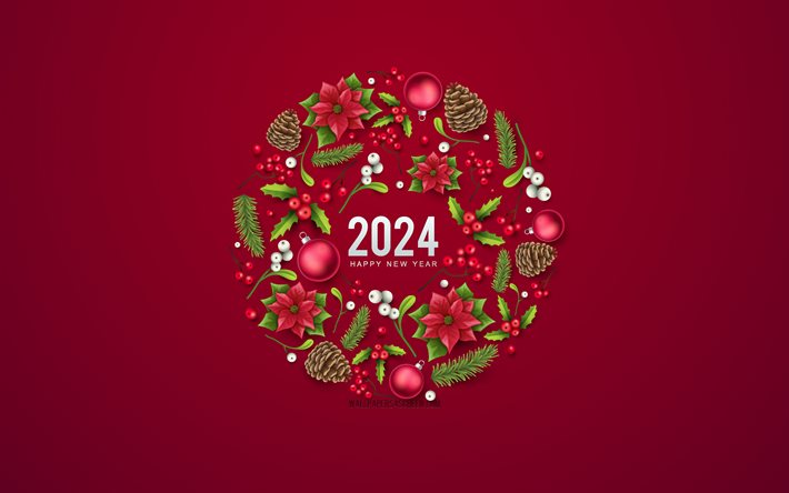 4k, Happy New Year 2024, purple 2024 background, 2024 greeting card, 2024 concepts, 2024 Happy New Year, Christmas wreath, 2024 art