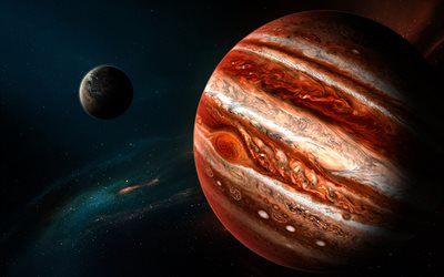 Jupiter, galaxy, planets, stars, nebula