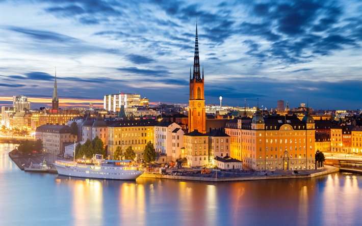 Stockholm, tower, night, embankment, Sweden