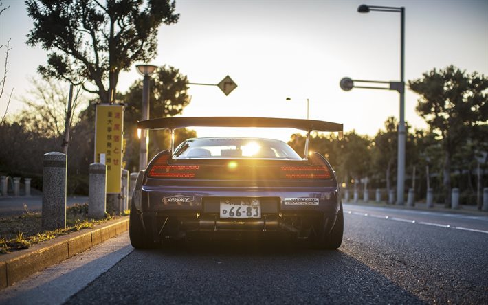 coupe, sportcars, Honda NSX, tuning, rear view, road, sunset