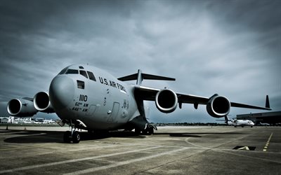 military planes, Lockheed C-130 Hercules, airport, clouds