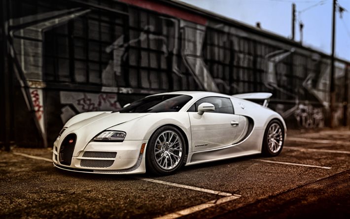 aparcamiento, supercars, 2015, Bugatti Veyron, blanco Veyron