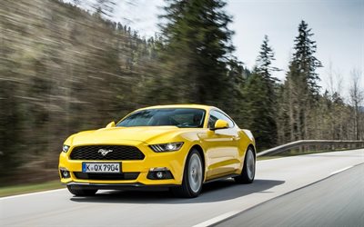 Ford Mustang, road, 2017 cars, speed, movement, yellow mustang, supercars, Ford