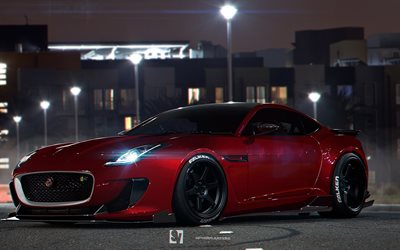 notte, supercar, 2015, Jaguar F-Type R Coupé, parcheggio, parcheggio gratuito, rosso Jaguar