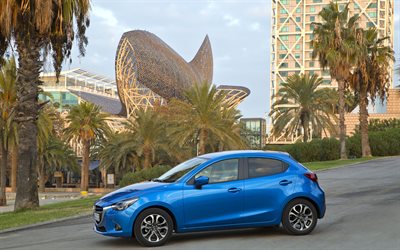 Mazda 2, 2016, blue Mazda, hatchback, Mazda