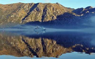 ship, mountains, Kotor Bay, Montenegro, fog
