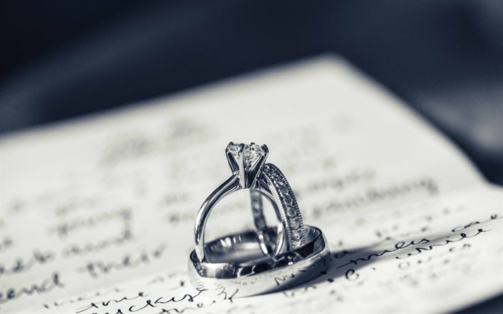 anéis, carta, anéis de casamento, preto e branco