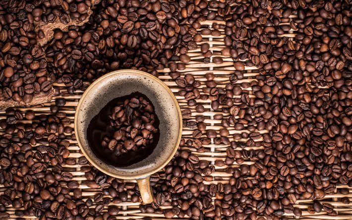 kaffe, kopp, kaffebönor, svart kaffe