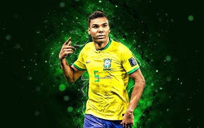 4k, casemiro, 2023, vihreät neonvalot, brasilian maajoukkue, jalkapallo, jalkapalloilijat, vihreä abstrakti tausta, brasilian jalkapallojoukkue, casemiro 4k