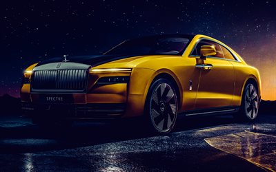 4k, Rolls-Royce Spectre, darkness, 2023 cars, luxury cars, Yellow Rolls-Royce Spectre, electric cars, 2023 Rolls-Royce Spectre, british cars, Rolls-Royce