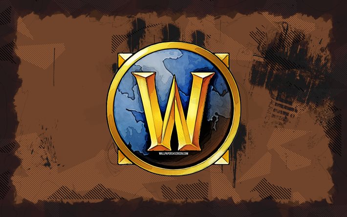 world of warcraft grunge  logo, 4k, kreativ, world of warcraft abstraktes logo, spielemarken, brauner grunge  hintergrund, wow logo, world of warcraft  logo, grunge  kunst, world of warcraft, wow