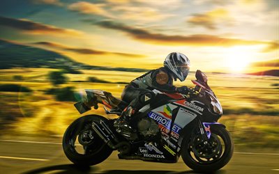 les motos sportives, 2016, Honda CBR1000RR Fireblade, coureur, coucher de soleil, mouvement