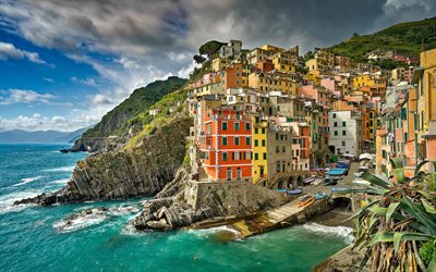 la mer, la côte, l'italie, les rochers, les vagues, Riomaggiore Cinque Terre, Ligurie, Italie, Mer Ligure