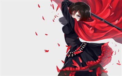 Ruby Rose, characters, RWBY, petals, sword