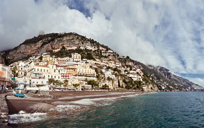 sea, coast, rocks, mountains, Positano, Campania, Amalfi Coast, Italy