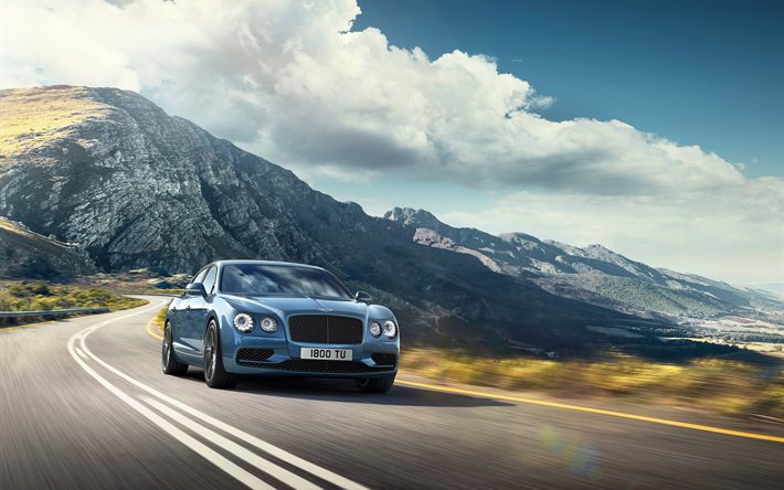 Bentley Flying Spur, 2017, coches de lujo, movimiento, azul bentley
