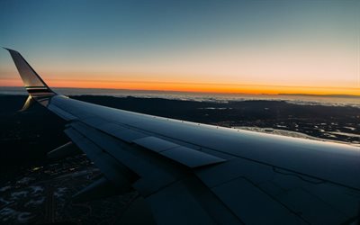 aircraft wing, airplane, sunset, horizon