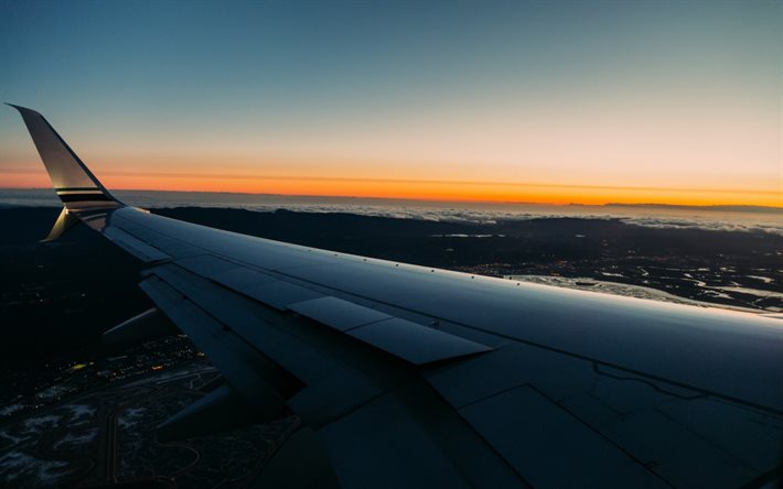 aircraft wing, airplane, sunset, horizon