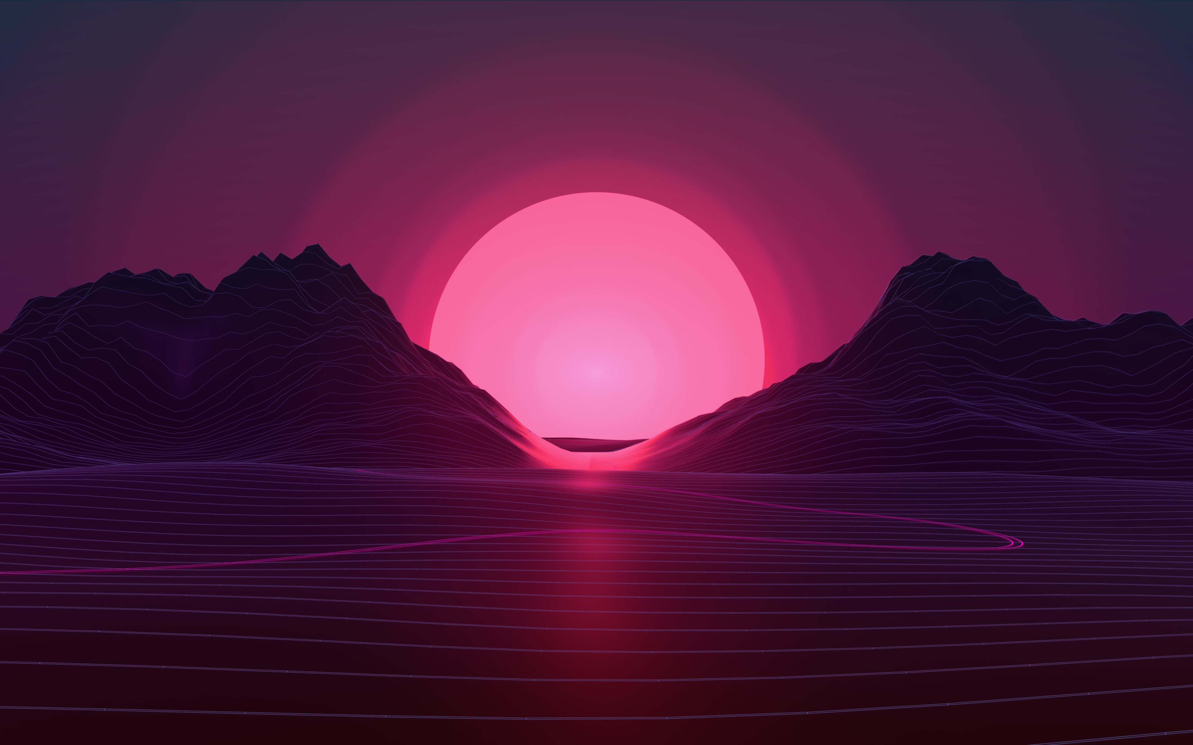 ダウンロード画像 3d山 山の風景 4k ピンクのネオンサ ネオンの夕日 画面の解像度 3840x2400 壁紙デスクトップ上
