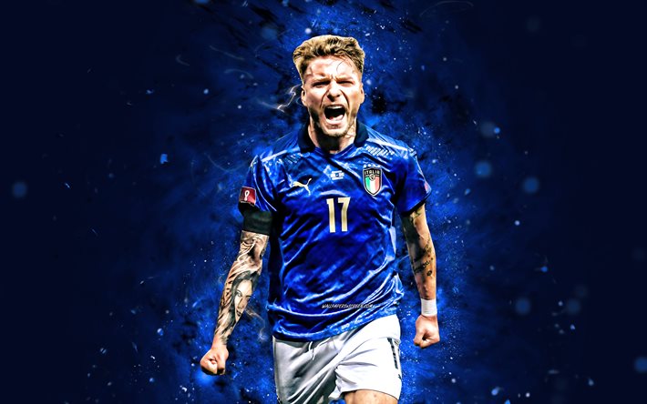 Ciro Immobile, 4k, blue neon lights, Italy National Football Team, soccer, footballers, blue abstract background, Italian football team, Ciro Immobile 4K