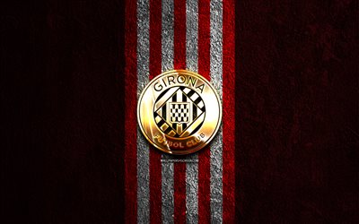 ジローナ fc ゴールデン ロゴ, 4k, 赤い石の背景, ラ・リーガ, スペインサッカークラブ, ジローナfcのロゴ, サッカー, ジローナfcのエンブレム, fcジローナ, フットボール, ジローナfc