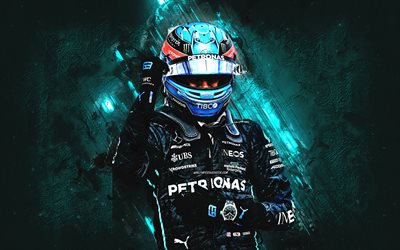 George Russell, British racing driver, Mercedes-AMG Petronas F1 Team, Mercedes, Formula 1, George William Russell, blue stone background, F1, Russell Mercedes F1 Team
