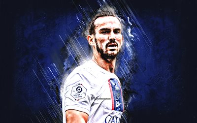 Fabian Ruiz, PSG, portrait, spanish soccer player, Paris Saint Germain, blue stone background, Ligue 1, Football