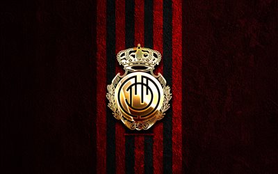 rcd mallorca kultainen logo, 4k, punainen kivi tausta, la liga, espanjalainen jalkapalloseura, rcd mallorca logo, jalkapallo, rcd mallorca tunnus, laliga, rcd mallorca, mallorca fc