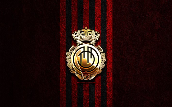 rcd mallorca goldenes logo, 4k, roter steinhintergrund, la liga, spanischer fußballverein, rcd mallorca logo, fußball, rcd mallorca emblem, laliga, rcd mallorca, mallorca fc
