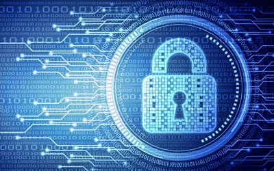 4k, cybersecurity, blue neon lock, blue security background, data protection, lock background, cybersecurity concepts, technology blue background, security technologies