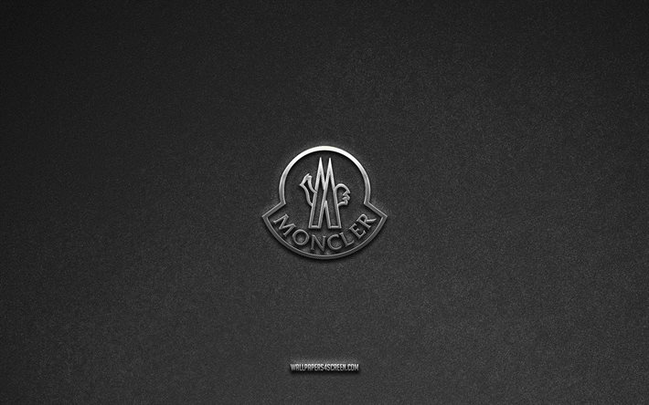 logotipo de moncler, fondo de piedra gris, emblema de moncler, logotipos de fabricantes, moncler, marcas de fabricantes, logotipo de metal moncler, textura de piedra