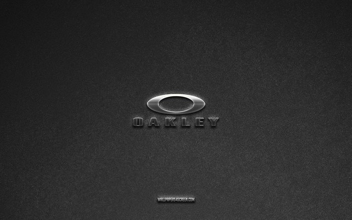 logo oakley, pedra cinza de fundo, oakley emblema, fabricantes de logotipos, oakley, marcas de fabricantes, oakley metal logotipo, textura de pedra
