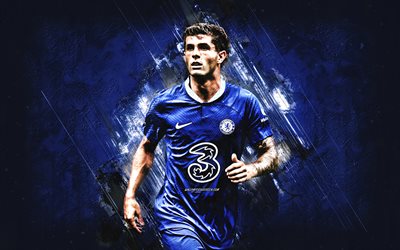 Christian Pulisic, Chelsea FC, american football player, portrait, blue stone background, football, Chelsea Pulisic, premier league, england