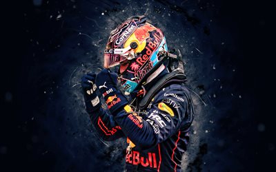 Max Verstappen, 4k, blue neon lights, Formula One, Red Bull Racing, Formula 1, F1, Max Verstappen Red Bull Racing, creative, dutch racing drivers, Max Verstappen 4K