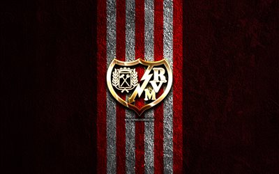 rayo vallecano logotipo dourado, 4k, pedra vermelha de fundo, a liga, clube de futebol espanhol, rayo vallecano logotipo, futebol, rayo vallecano emblema, laliga, rayo vallecano, rayo vallecano fc