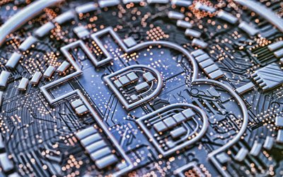 Bitcoin sign, 4k, motherboard, cryptocurrency, Bitcoin logo, Bitcoin, electronic money, Bitcoin background, Bitcoin mining, Blockchain