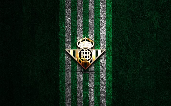 real betis logo dorato, 4k, sfondo di pietra verde, la liga, squadra di calcio spagnola, logo real betis, calcio, emblema del real betis, laliga, real betis, real betis fc, real betis balompie