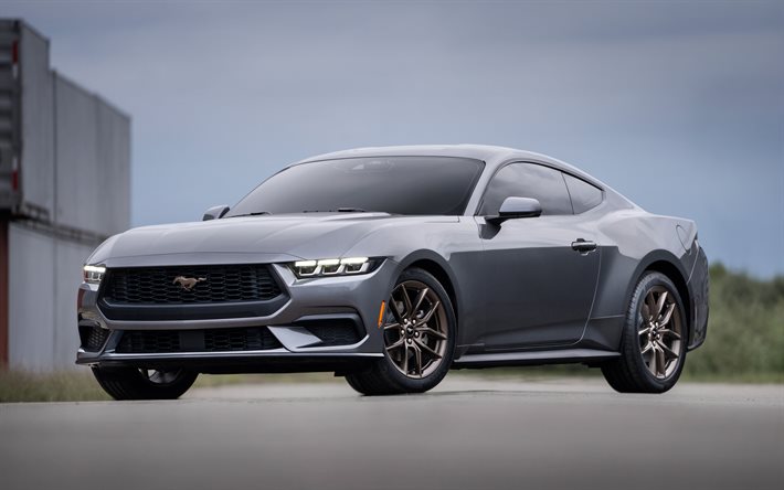 ford mustang, 4k, muscle cars, 2024 coches, supercars, faros, 2024 ford mustang, gris ford mustang, coches americanos, ford