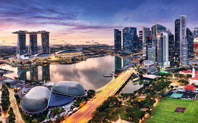 4k, singapore, marina bay, flygfoto, marina bay sands, downtown core, skyskrapor, singapore panorama, singapore stadsbild, central business district, asien
