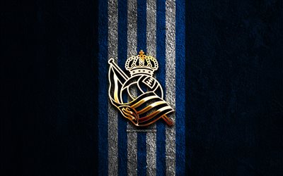 Real Sociedad golden logo, 4k, blue stone background, La Liga, spanish soccer club, Real Sociedad logo, soccer, Real Sociedad emblem, LaLiga, Real Sociedad, football, Real Sociedad FC