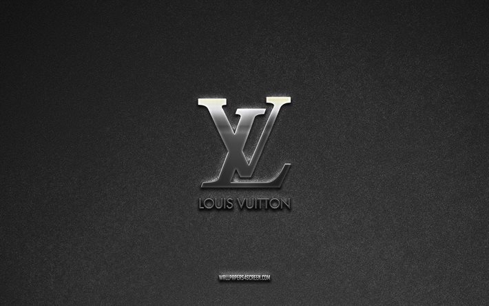Louis Vuitton logo, gray stone background, Louis Vuitton emblem, manufacturers logos, Louis Vuitton, manufacturers brands, Louis Vuitton metal logo, stone texture