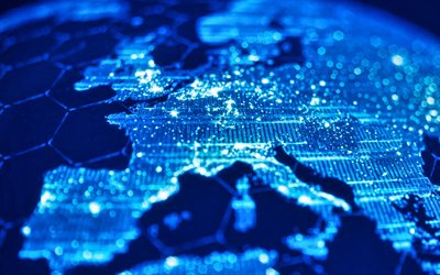 유럽 ​​실루엣의 파란색 지도, 디지털 기술, 유럽의 지도, 유럽의 네트워크, 푸른 기술 배경, 유럽의 디지털 지도, 네트워크