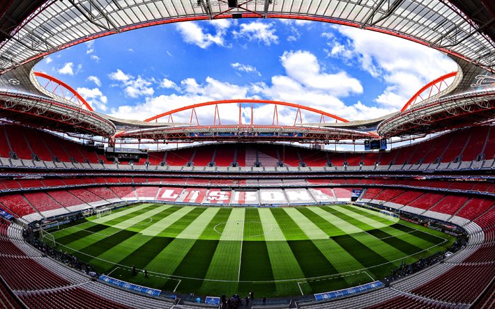 4k, estadio do sport lisboa e benfica, vue de l'intérieur, estadio da luz, terrain de football, stade de football portugais, stade sl benfica, lisbonne, portugal, football