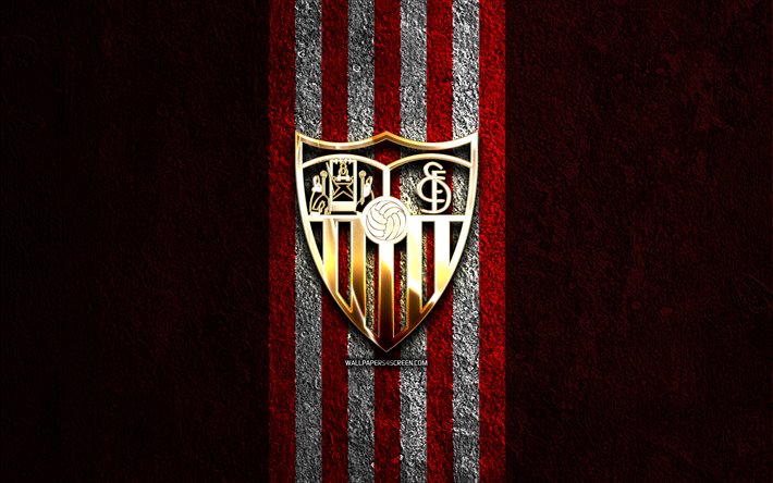 sevilla fc logo dorato, 4k, sfondo di pietra rossa, la liga, squadra di calcio spagnola, sevilla fc logo, calcio, sevilla fc emblema, laliga, fc sevilla, sevilla fc