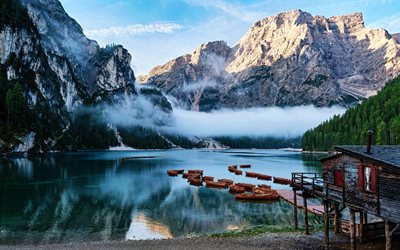 4k, Lake Braies, morning, summer vacation, boats, pier, mountains, Dolomites, Bolzano, Italy, Alps, summer, beautiful nature, italian landmarks, HDR