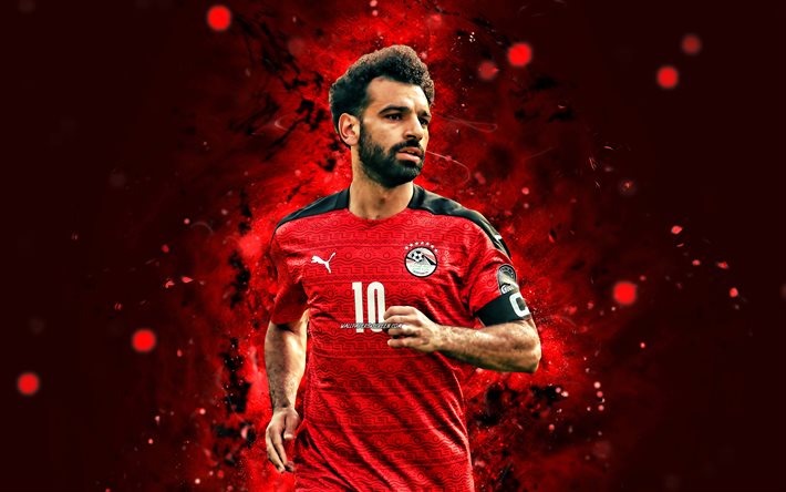 Mohamed Salah, 4k, red neon lights, Egypt National Football Team, soccer, footballers, red abstract background, Mo Salah, Egyptian football team, Mohamed Salah 4K, CAF