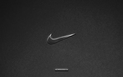 Nike logo, gray stone background, Nike emblem, manufacturers logos, Nike, manufacturers brands, Nike metal logo, stone texture