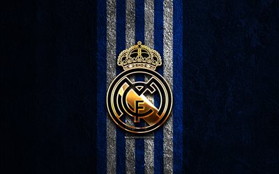 Real Madrid golden logo, 4k, blue stone background, La Liga, spanish soccer club, Real Madrid logo, soccer, Real Madrid emblem, LaLiga, Real Madrid CF, football, Real Madrid FC